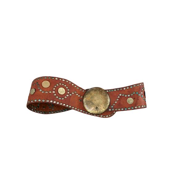 Vintage Women's Brown Moroccan Gypsy Style Studded Brass Leather Belt - Picture 1 of 8